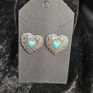 Silver tone turquoise heart shaped earrings